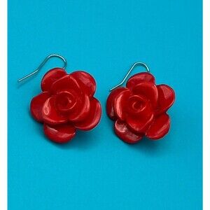 Red Rose Flower Dangle Earrings | Glossy Statement Floral Earrings